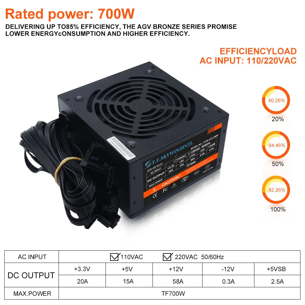 700W PC PSU Power Supply unit Black Gaming Quiet 120mm